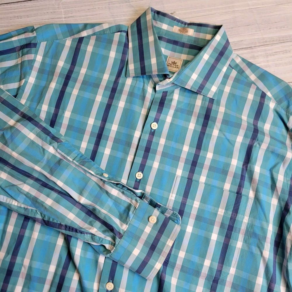 Peter Millar Long Sleeve Button Up Shirt Mens Large Blue Green Plaid 100% Cotton